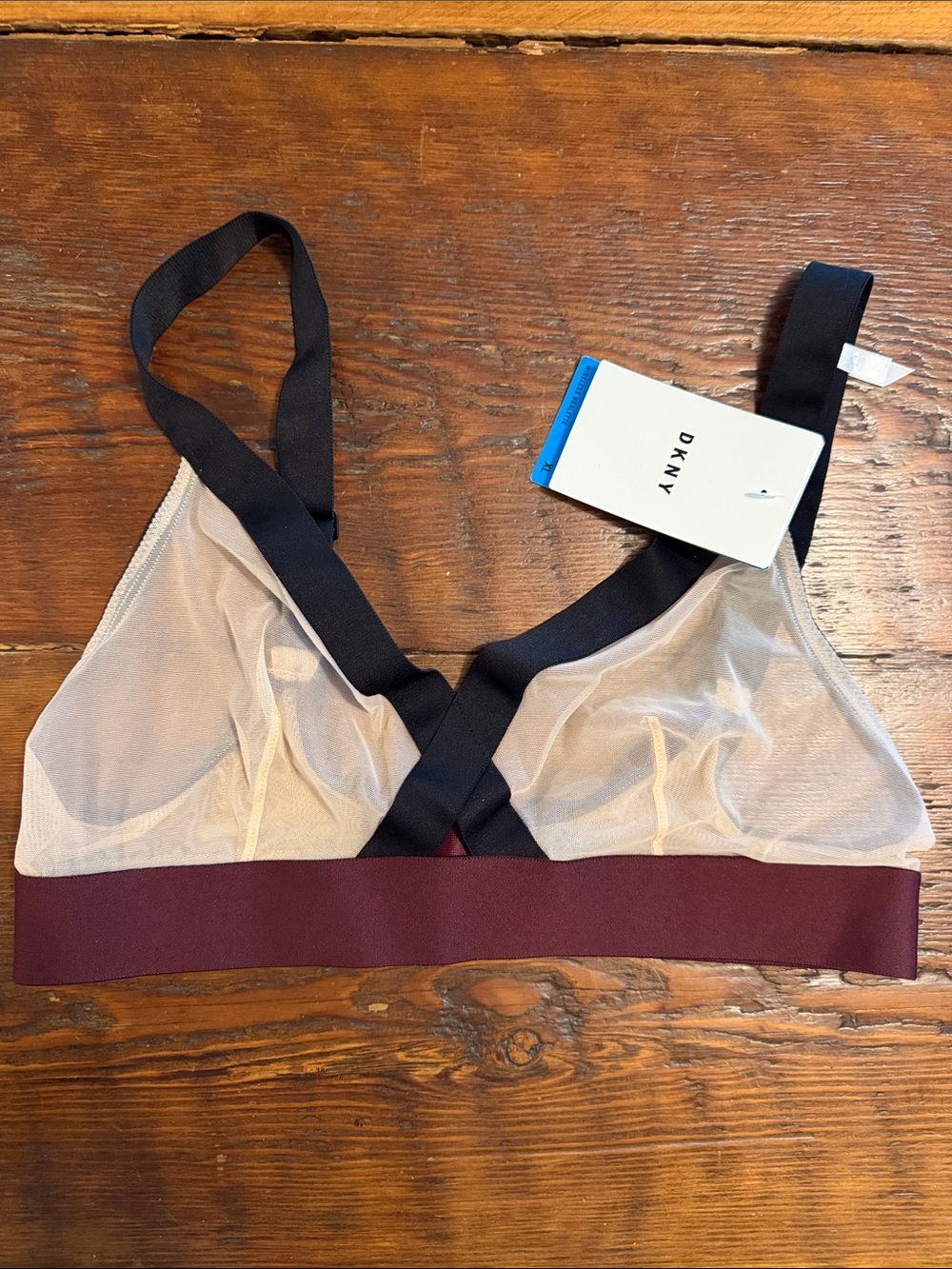 DKNY Sheer Mesh Bralette in Burgundy, Black and Cream